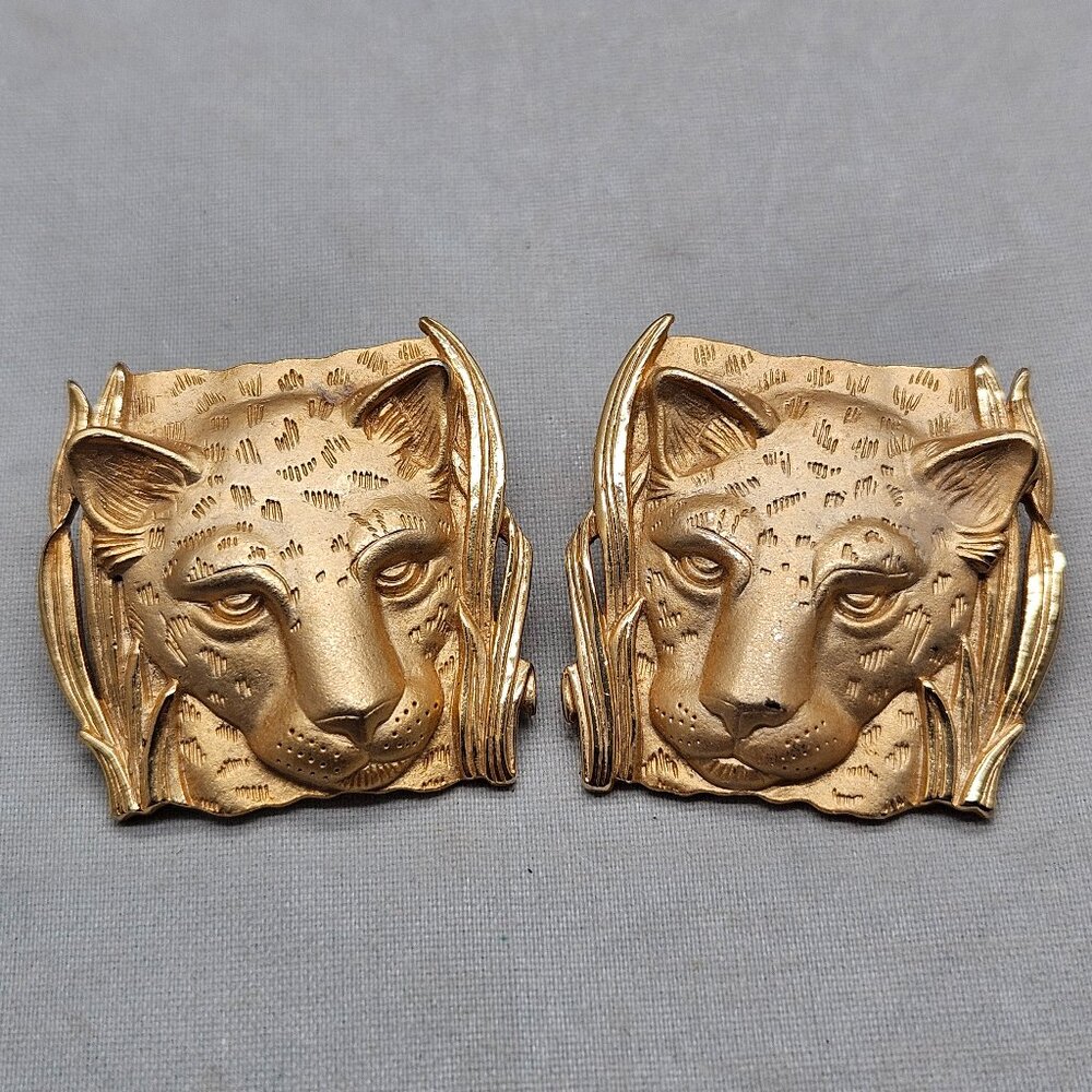 Vintage Park Lane Clip-On Earrings Square Gold Tone Jaguar Cheetah Leopard Head